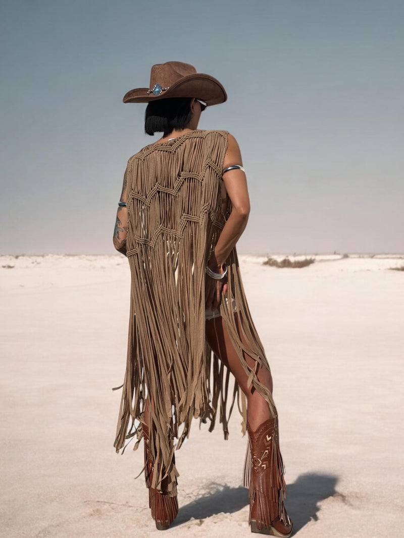 Brown Fringe Macrame Vest, Cowgirl Fringe Jacket, Western Fringe Vest, Country Girl Cowgirl Vest, Barn Wedding Bridal Outfit