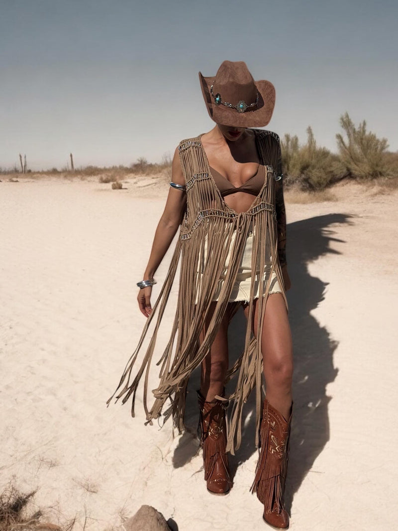 Brown Fringe Macrame Vest, Cowgirl Fringe Jacket, Western Fringe Vest, Country Girl Cowgirl Vest, Barn Wedding Bridal Outfit