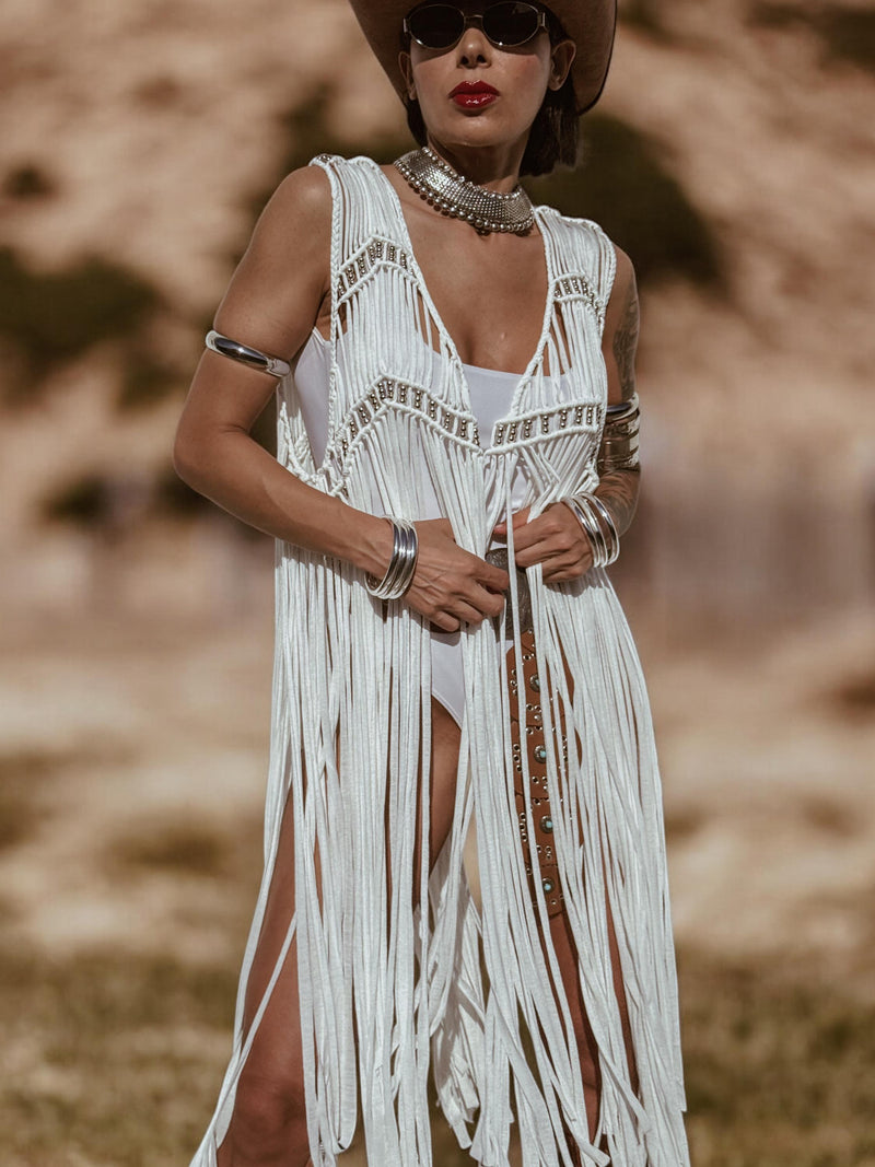 White Fringe Macrame Vest, Cowgirl Bridal Fringe Jacket, Western Fringe Vest, Country Girl Cowgirl Vest, Barn Wedding Bridal Outfit