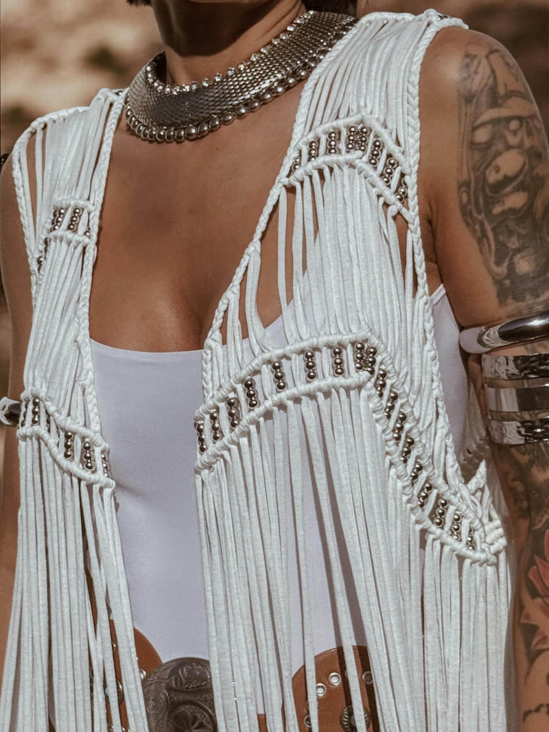 White Fringe Macrame Vest, Cowgirl Bridal Fringe Jacket, Western Fringe Vest, Country Girl Cowgirl Vest, Barn Wedding Bridal Outfit