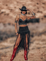 Black Faux Suede Fringe Western Shorts, Chaps Long Fringe Shorts, Festival Shorts, Country Western Cowgirl Outfit, Cowboy Fringe Shorts