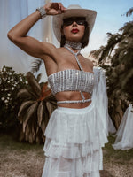 White Diamond Bridal Top, Rhinestone Festival Choker White Top, White Cowgirl Outfit Top, Disco Bachelorette Party Outfit Space Cowboy