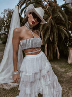 White Diamond Bridal Top, Rhinestone Festival Choker White Top, White Cowgirl Outfit Top, Disco Bachelorette Party Outfit Space Cowboy