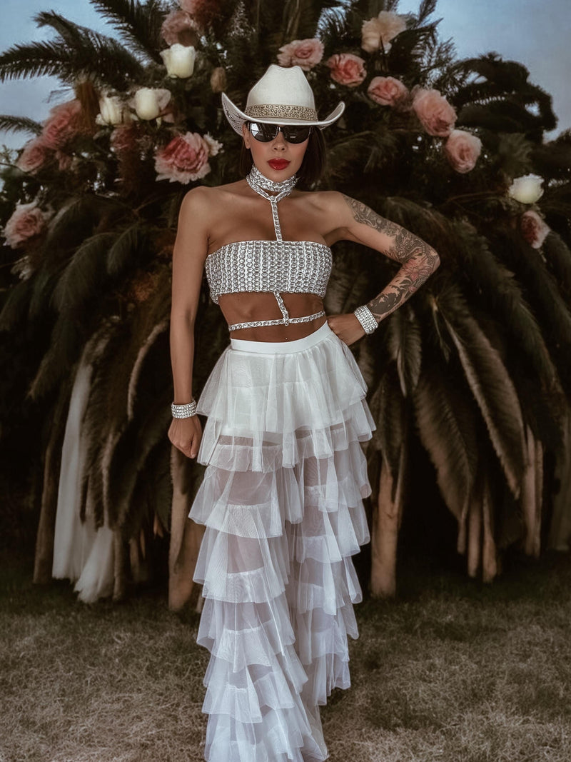 White Diamond Bridal Top, Rhinestone Festival Choker White Top, White Cowgirl Outfit Top, Disco Bachelorette Party Outfit Space Cowboy