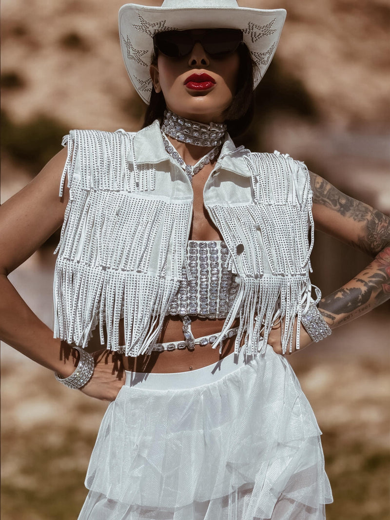 Fringe White Denim Jacket, Rhinestone Fringe Vest, Western Diamond Fringe Jacket, Country Girl Cowgirl Jacket, Barn Wedding Bridal Outfit