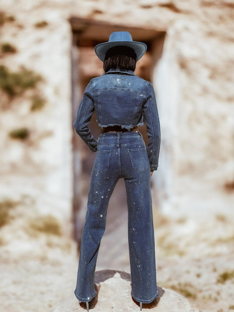 Western Glam Denim Rhinestone Cowgirl Pants and Jacket Set, Diamond Top and Pants Set, Bachelorette Outfit, Bling Cowboy Outfit