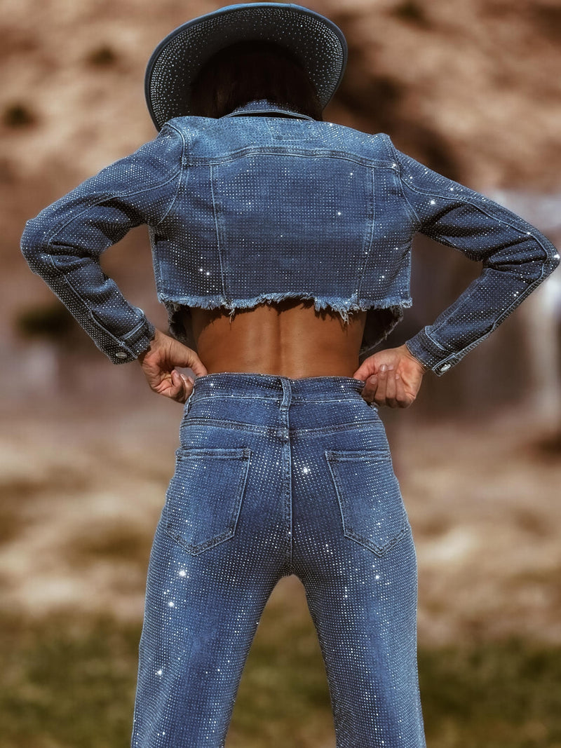 Western Glam Denim Rhinestone Cowgirl Pants and Jacket Set, Diamond Top and Pants Set, Bachelorette Outfit, Bling Cowboy Outfit