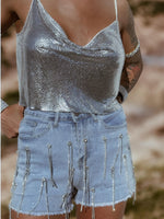 Rhinestone Fringe Western Festival Shorts, Fringe Cowgirl Denim Shorts, Diamond Tassel Shorts, Denim Cowboy Costume