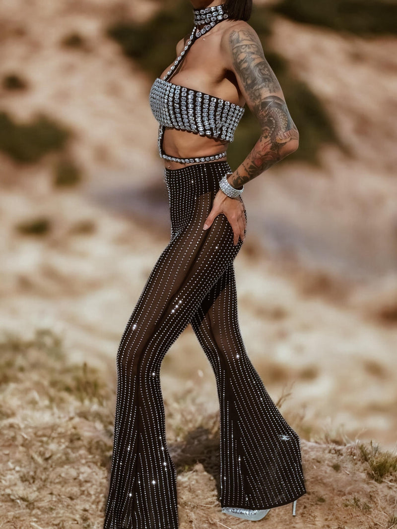 Mesh Diamond Bell Bottom Pants, Rhinestone Cowgirl Pants Crystal Bell Bottom, Festival Pants for Disco Costumes, Cowgirl Cowboy Pants Outfit