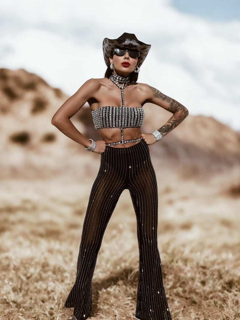 Mesh Diamond Bell Bottom Pants, Rhinestone Cowgirl Pants Crystal Bell Bottom, Festival Pants for Disco Costumes, Cowgirl Cowboy Pants Outfit