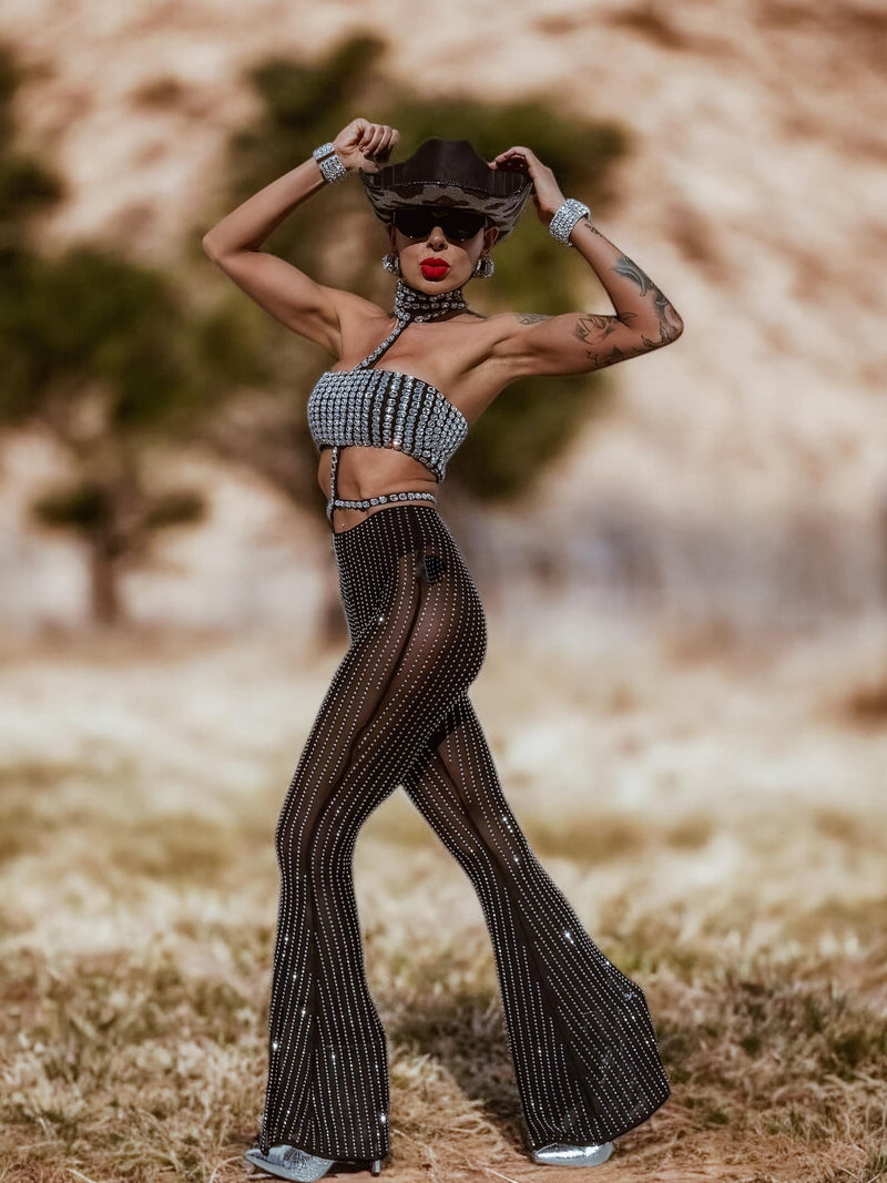Mesh Diamond Bell Bottom Pants, Rhinestone Cowgirl Pants Crystal Bell Bottom, Festival Pants for Disco Costumes, Cowgirl Cowboy Pants Outfit
