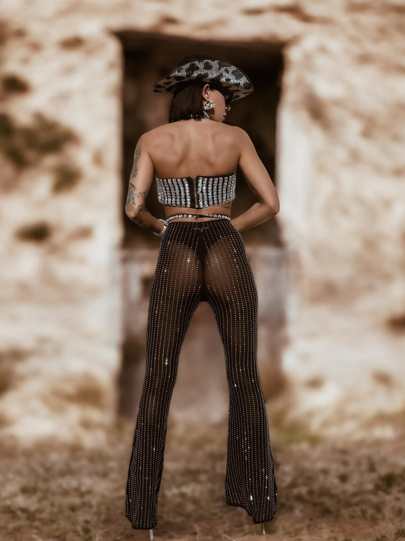 Mesh Diamond Bell Bottom Pants, Rhinestone Cowgirl Pants Crystal Bell Bottom, Festival Pants for Disco Costumes, Cowgirl Cowboy Pants Outfit