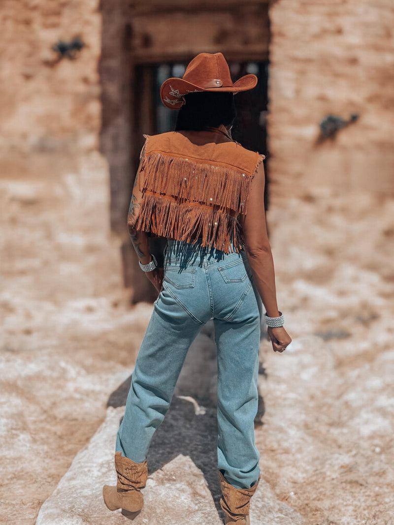 Fringe Brown Denim Jacket, Rhinestone Fringe Vest, Western Diamond Fringe Jacket, Country Girl Cowgirl Jacket, Barn Wedding Bridal Outfit