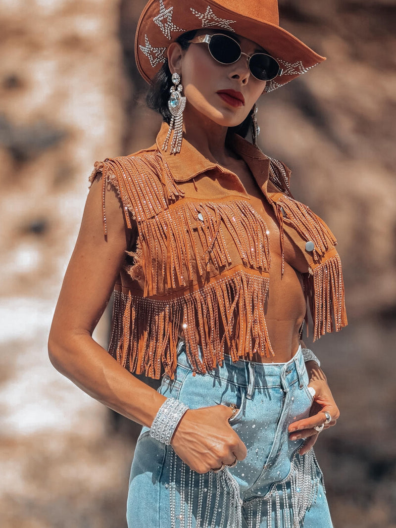 Fringe Brown Denim Jacket, Rhinestone Fringe Vest, Western Diamond Fringe Jacket, Country Girl Cowgirl Jacket, Barn Wedding Bridal Outfit