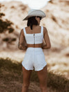 Western White Denim Rhinestone Cowgirl Festival Shorts and Bustier Set, Diamond Top and Shorts Set, Bachelorette Outfit, Space Cowboy Outfit