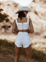 Western White Denim Rhinestone Cowgirl Festival Shorts and Bustier Set, Diamond Top and Shorts Set, Bachelorette Outfit, Space Cowboy Outfit