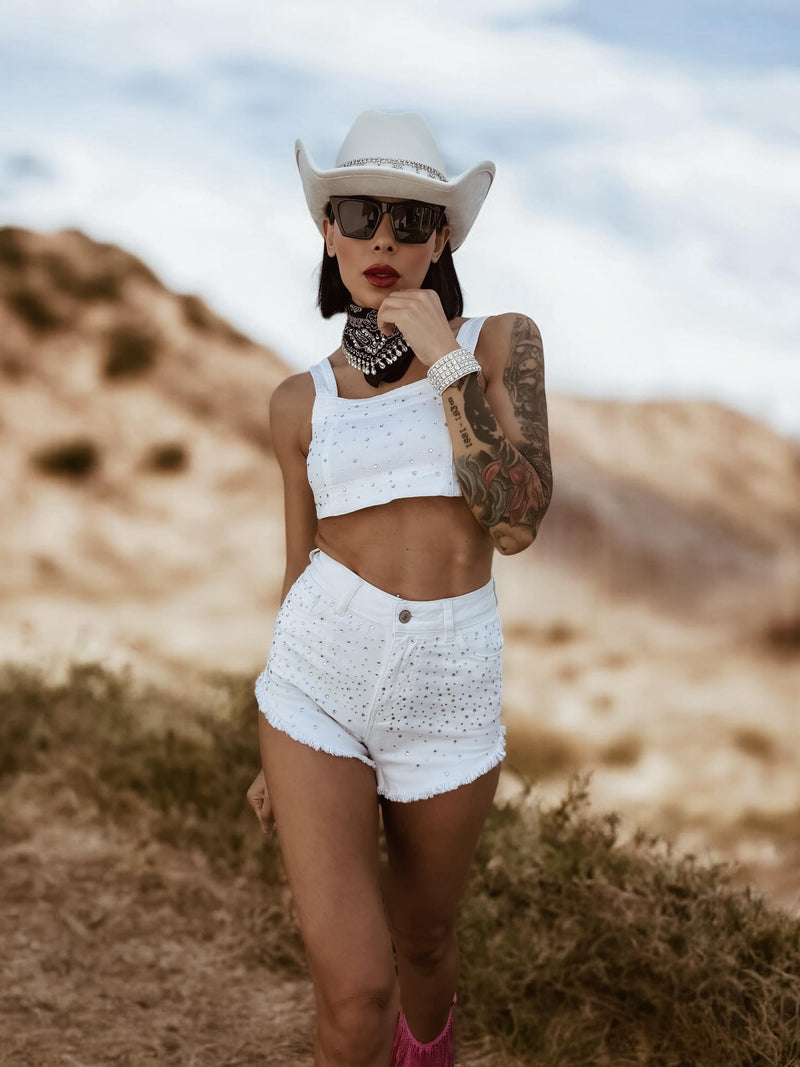 Western White Denim Rhinestone Cowgirl Festival Shorts and Bustier Set, Diamond Top and Shorts Set, Bachelorette Outfit, Space Cowboy Outfit