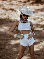 Western White Denim Rhinestone Cowgirl Festival Shorts and Bustier Set, Diamond Top and Shorts Set, Bachelorette Outfit, Space Cowboy Outfit