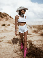 Western White Denim Rhinestone Cowgirl Festival Shorts and Bustier Set, Diamond Top and Shorts Set, Bachelorette Outfit, Space Cowboy Outfit