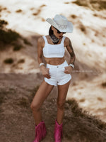 Western White Denim Rhinestone Cowgirl Festival Shorts and Bustier Set, Diamond Top and Shorts Set, Bachelorette Outfit, Space Cowboy Outfit