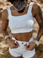 Western White Denim Rhinestone Cowgirl Festival Shorts and Bustier Set, Diamond Top and Shorts Set, Bachelorette Outfit, Space Cowboy Outfit