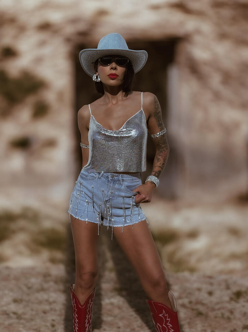 Rhinestone Fringe Western Festival Shorts, Fringe Cowgirl Denim Shorts, Diamond Tassel Shorts, Denim Cowboy Costume