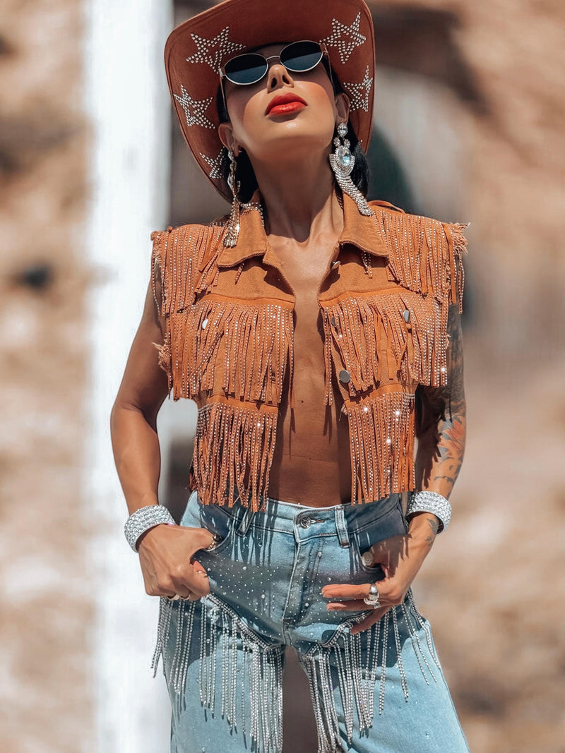 Fringe Brown Denim Jacket, Rhinestone Fringe Vest, Western Diamond Fringe Jacket, Country Girl Cowgirl Jacket, Barn Wedding Bridal Outfit