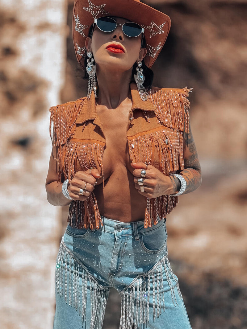 Fringe Brown Denim Jacket, Rhinestone Fringe Vest, Western Diamond Fringe Jacket, Country Girl Cowgirl Jacket, Barn Wedding Bridal Outfit