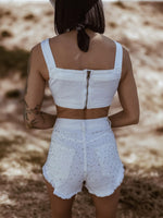 Western White Denim Rhinestone Cowgirl Festival Shorts and Bustier Set, Diamond Top and Shorts Set, Bachelorette Outfit, Space Cowboy Outfit