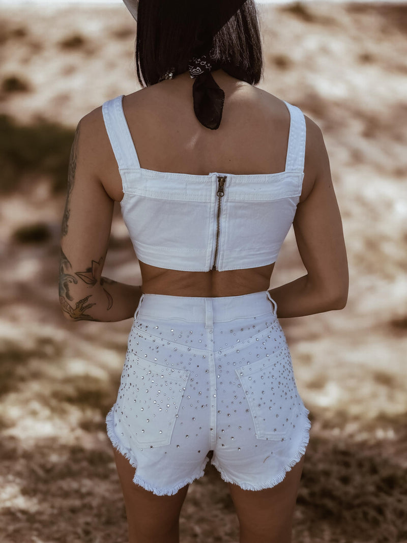 Western White Denim Rhinestone Cowgirl Festival Shorts and Bustier Set, Diamond Top and Shorts Set, Bachelorette Outfit, Space Cowboy Outfit