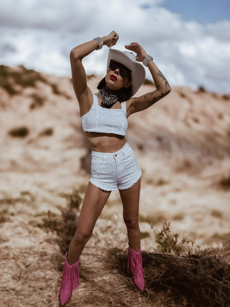 Western White Denim Rhinestone Cowgirl Festival Shorts and Bustier Set, Diamond Top and Shorts Set, Bachelorette Outfit, Space Cowboy Outfit