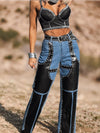 Pu Leather Chaps Panel Western Pants, Cowgirl Chaps, Studded Pu Leather Chaps Bootcut Denim, Studded Festival Chaps, Country Western Costume