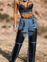 Pu Leather Chaps Panel Western Pants, Cowgirl Chaps, Studded Pu Leather Chaps Bootcut Denim, Studded Festival Chaps, Country Western Costume