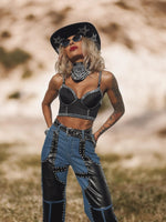 Pu Leather Chaps Panel Western Pants, Cowgirl Chaps, Studded Pu Leather Chaps Bootcut Denim, Studded Festival Chaps, Country Western Costume
