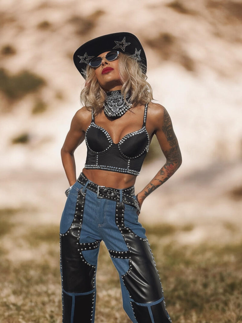 Pu Leather Chaps Panel Western Pants, Cowgirl Chaps, Studded Pu Leather Chaps Bootcut Denim, Studded Festival Chaps, Country Western Costume