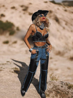 Pu Leather Chaps Panel Western Pants, Cowgirl Chaps, Studded Pu Leather Chaps Bootcut Denim, Studded Festival Chaps, Country Western Costume
