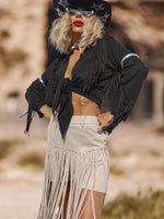 Bohemian Faux Suede Black Fringe Kimono, Front Tie Fringe Suede Kimono Jacket, Western Suede Fringe Jacket, Country Girl Cowgirl Jacket