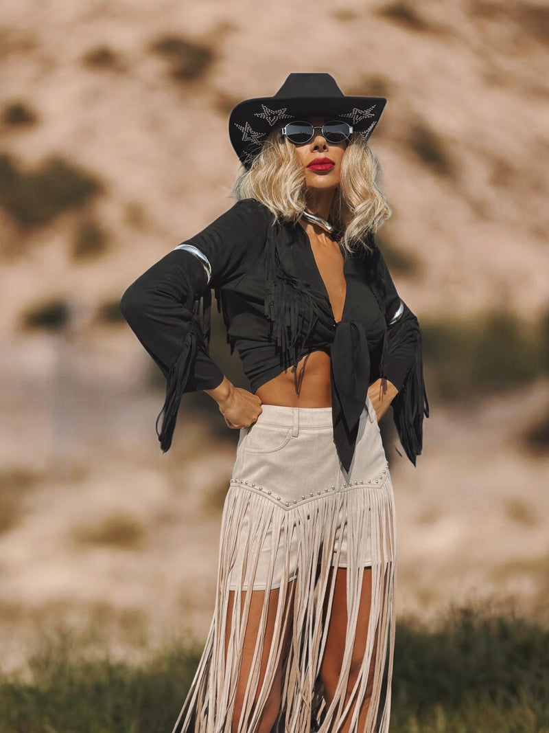Bohemian Faux Suede Black Fringe Kimono, Front Tie Fringe Suede Kimono Jacket, Western Suede Fringe Jacket, Country Girl Cowgirl Jacket