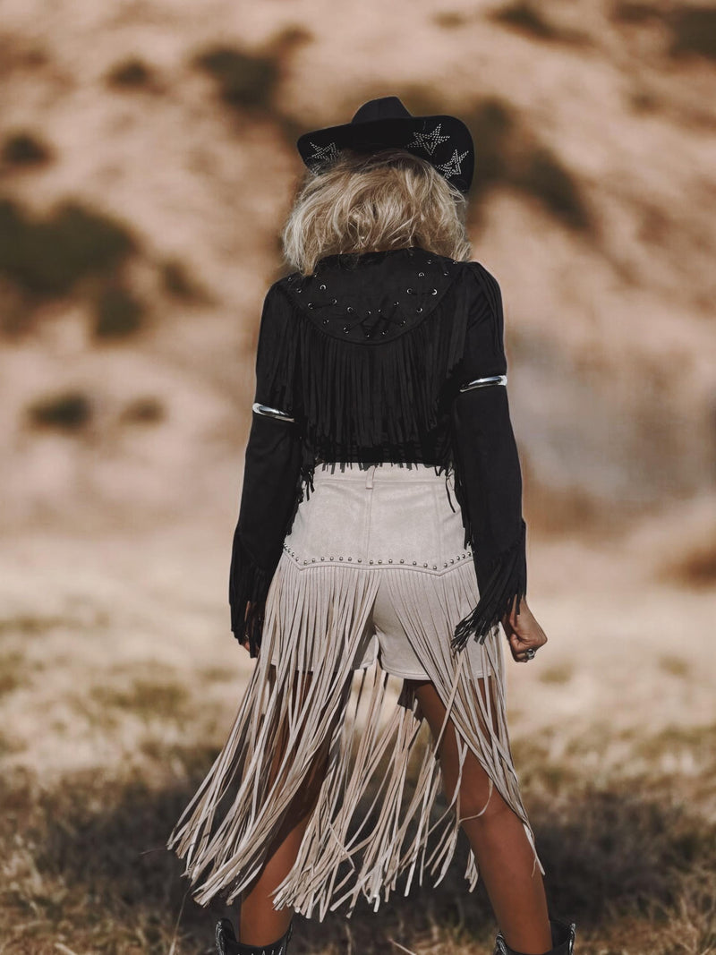Bohemian Faux Suede Black Fringe Kimono, Front Tie Fringe Suede Kimono Jacket, Western Suede Fringe Jacket, Country Girl Cowgirl Jacket