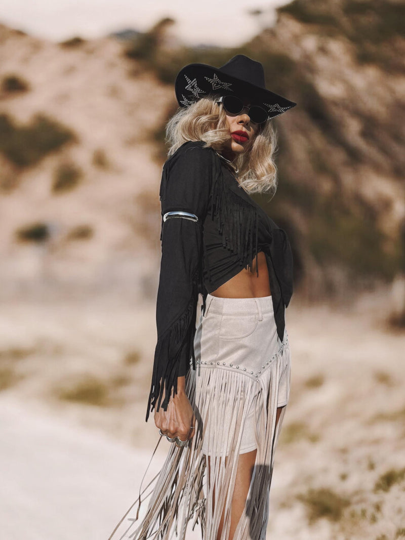 Bohemian Faux Suede Black Fringe Kimono, Front Tie Fringe Suede Kimono Jacket, Western Suede Fringe Jacket, Country Girl Cowgirl Jacket