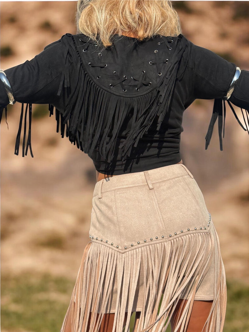 Bohemian Faux Suede Black Fringe Kimono, Front Tie Fringe Suede Kimono Jacket, Western Suede Fringe Jacket, Country Girl Cowgirl Jacket