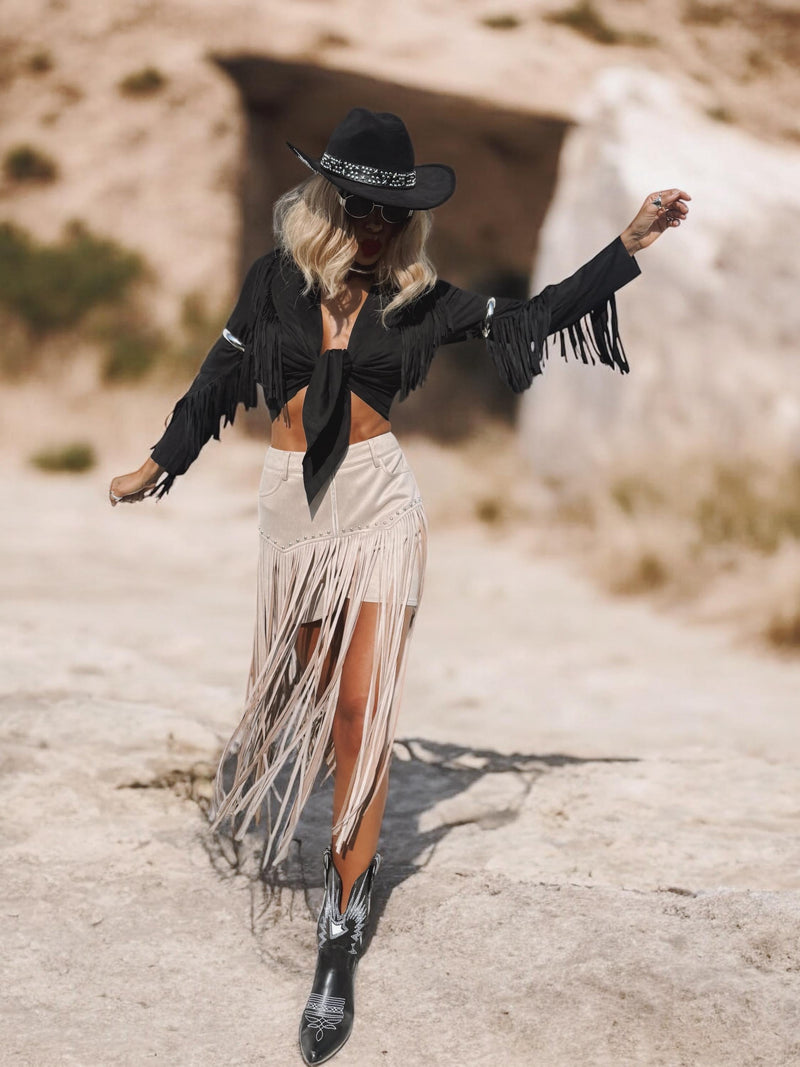 Khaki Faux Suede Fringe Western Shorts, Chaps Long Fringe Shorts, Festival Shorts, Country Western Cowgirl Outfit, Cowboy Fringe Shorts