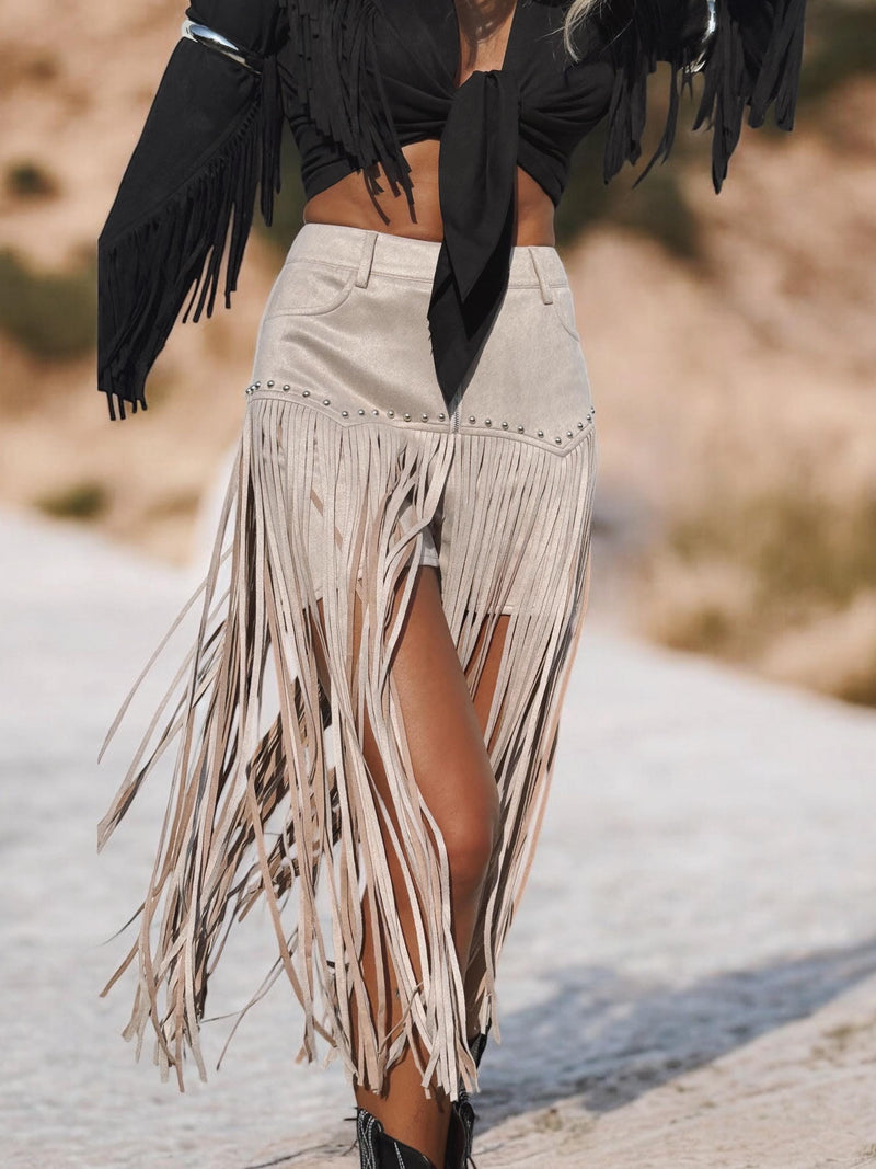 Khaki Faux Suede Fringe Western Shorts, Chaps Long Fringe Shorts, Festival Shorts, Country Western Cowgirl Outfit, Cowboy Fringe Shorts