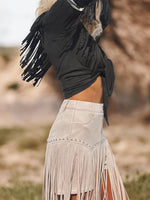 Khaki Faux Suede Fringe Western Shorts, Chaps Long Fringe Shorts, Festival Shorts, Country Western Cowgirl Outfit, Cowboy Fringe Shorts