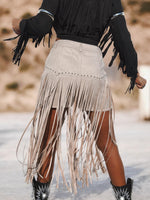 Khaki Faux Suede Fringe Western Shorts, Chaps Long Fringe Shorts, Festival Shorts, Country Western Cowgirl Outfit, Cowboy Fringe Shorts