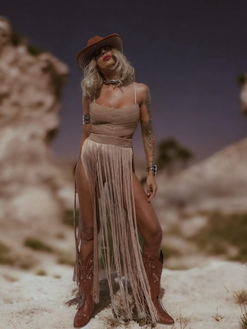 Brown Fringe Goddess Festival Bodysuit, Fringe Cowgirl Outfit, Festival Country Girl Outfit, Bachelorette Party Outfit, Cowboy Tour Outfit
