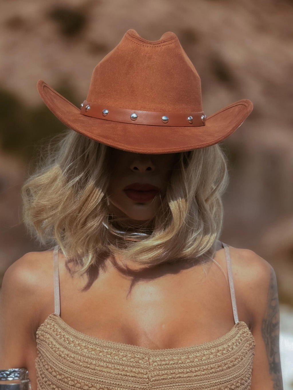 Brown Faux Suede Studded Cowboy Hat, Western Glam Cowboy Hat, Silver Embellished Festival Hat, Bling Shiny Cowgirl Hat, Bachelorette Hat