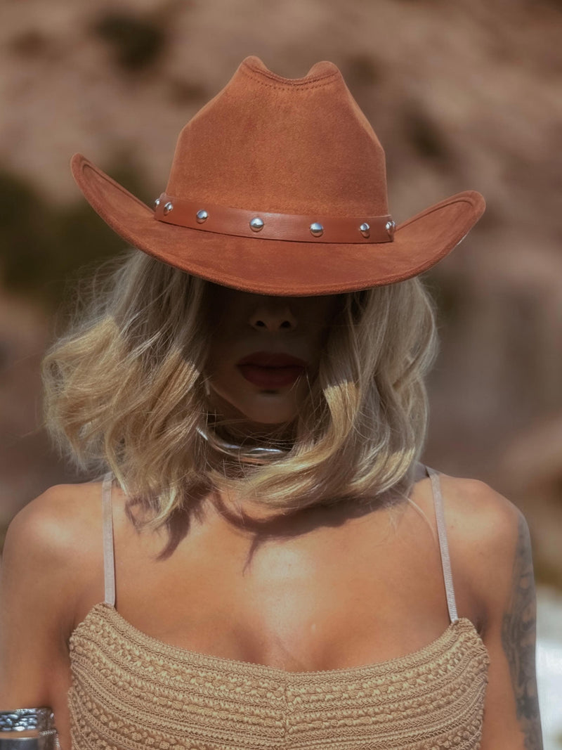 Brown Faux Suede Studded Cowboy Hat, Western Glam Cowboy Hat, Silver Embellished Festival Hat, Bling Shiny Cowgirl Hat, Bachelorette Hat