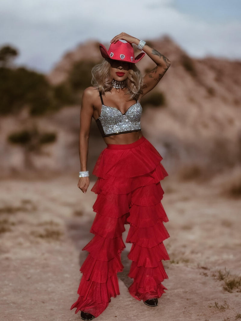 Red Tulle Pants, Layered Tutu Pants, Fringe Festival Dance Pants, Country Rave Western Hippie70 Fashion Flamenco Costume Pants, Ruffle Pants