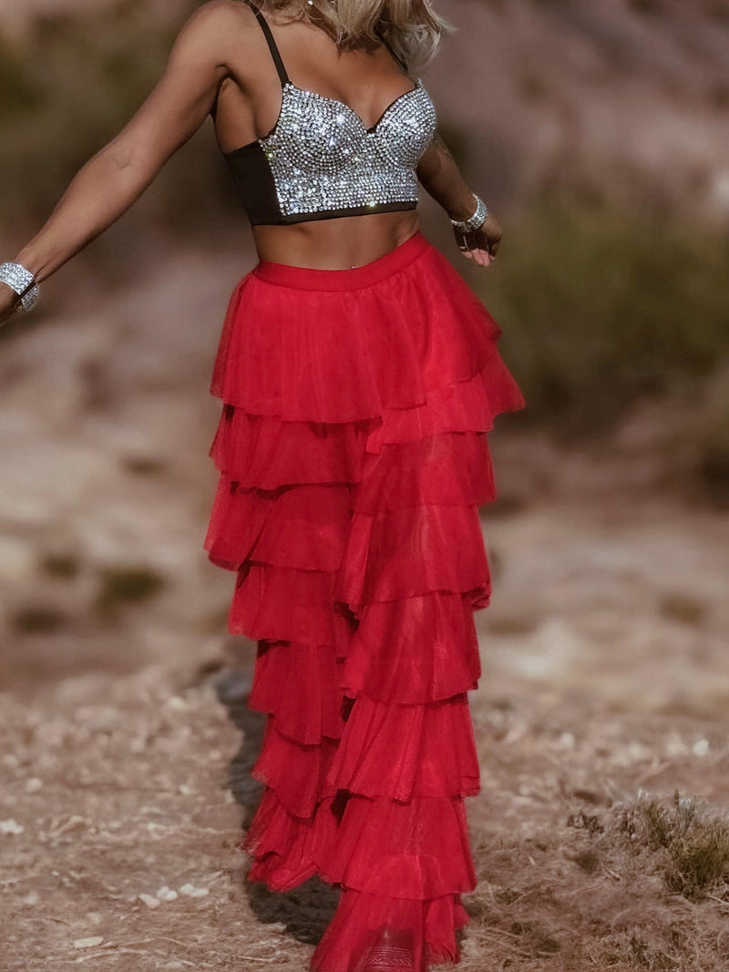 Red Tulle Pants, Layered Tutu Pants, Fringe Festival Dance Pants, Country Rave Western Hippie70 Fashion Flamenco Costume Pants, Ruffle Pants